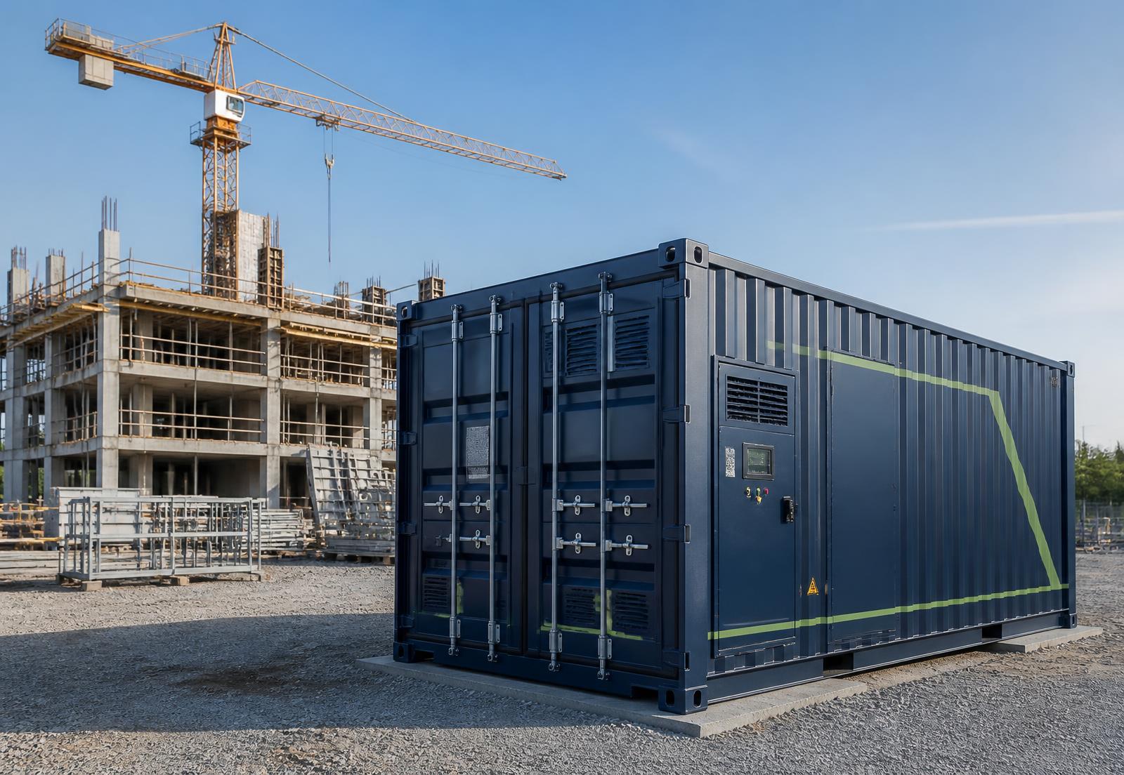 Contenedor batería Relayd instalado en una obra con una grúa torre al fondo