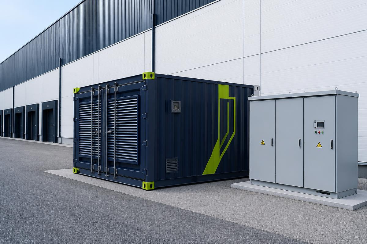 Batería Relayd junto a una nave logística y un cuadro eléctrico exterior