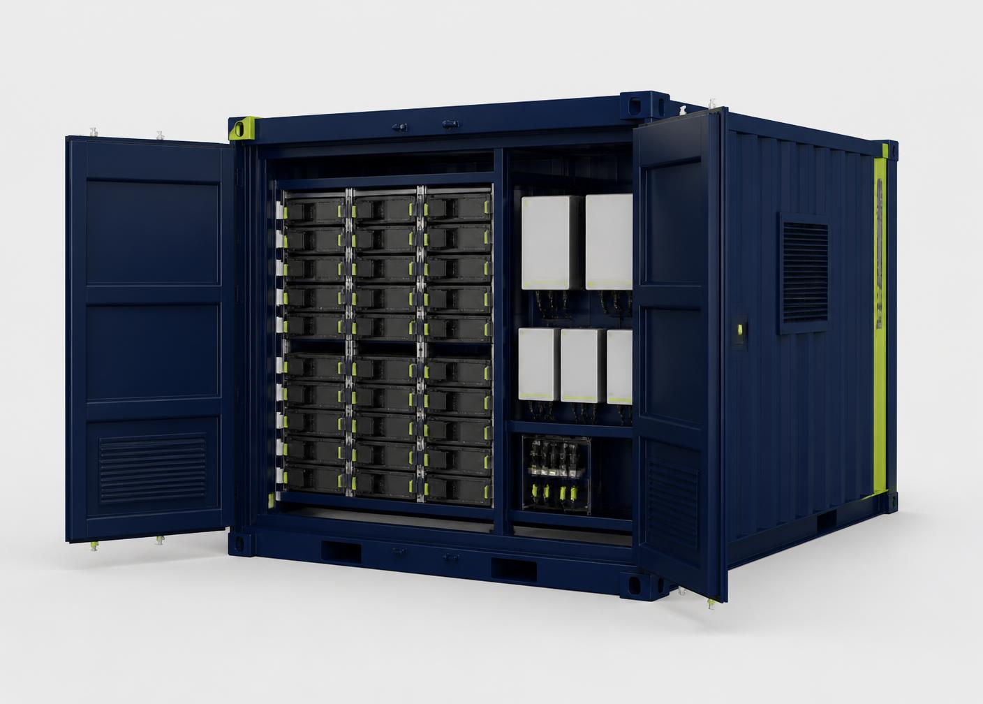 Render del contenedor batería Relayd con las puertas abiertas mostrando los módulos de almacenamiento